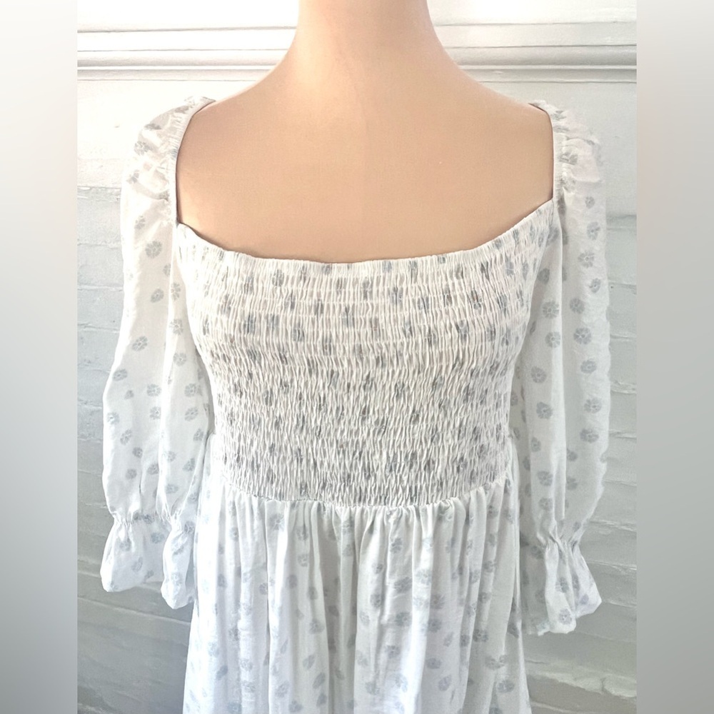 Girl And The Sun Lucia White Blue Flowered Smocked Babydoll Mini DressDress - Picture 10 of 16